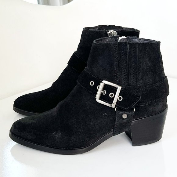ALL SAINTS Black Suede Harness Buckle Booties Ankle Boots - Picture 2 of 14